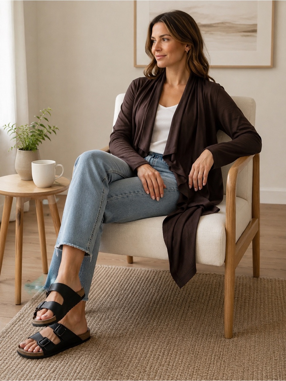 Liz Claiborne Weekend Sharkbite Cardigan Brown Open Front Rayon Large NWT - Picture 2 of 9